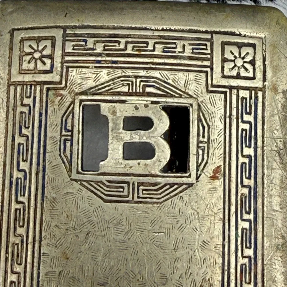 Vintage Giant Grip Belt Buckle Silver Front Art Deco B Greek Key Mens 1.5
